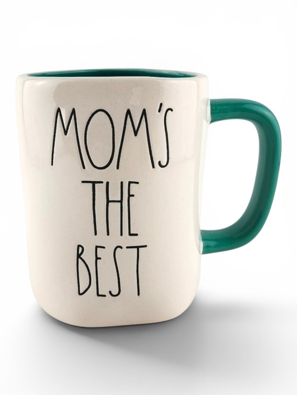 Rae Dunn Artisan Ceramic White Green Mug Large Letters MOM'S  THE BEST